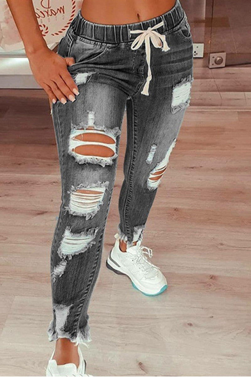 Fashion Casual Solid Ripped Mid Waist Regular Jeans