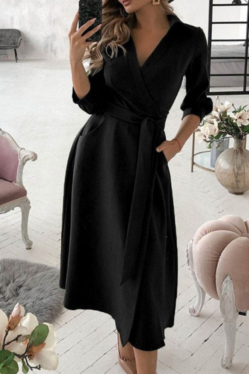 Fashion Casual Solid Frenulum V Neck A Line Dresses(5 Colors)