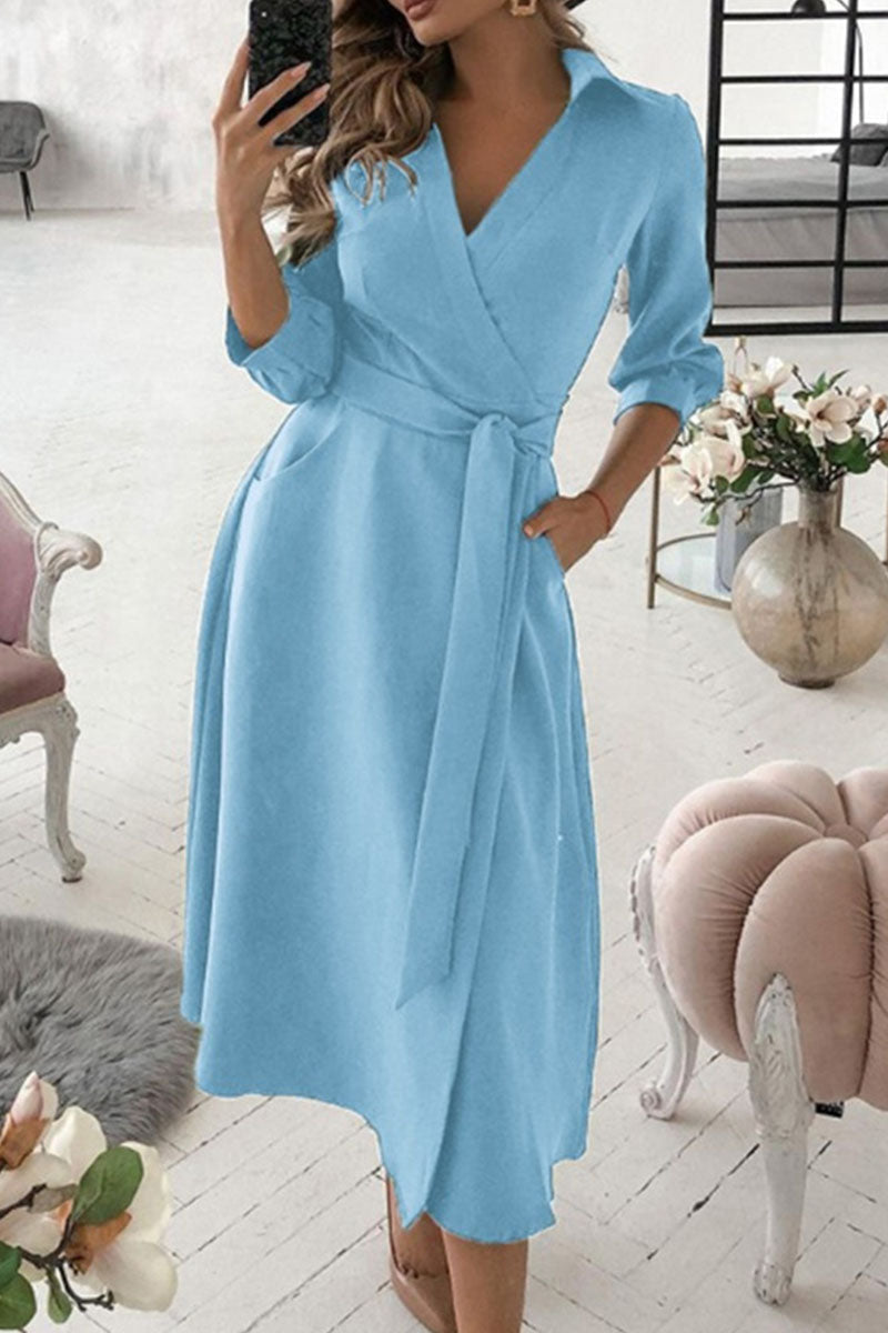 Fashion Casual Solid Frenulum V Neck A Line Dresses(5 Colors)