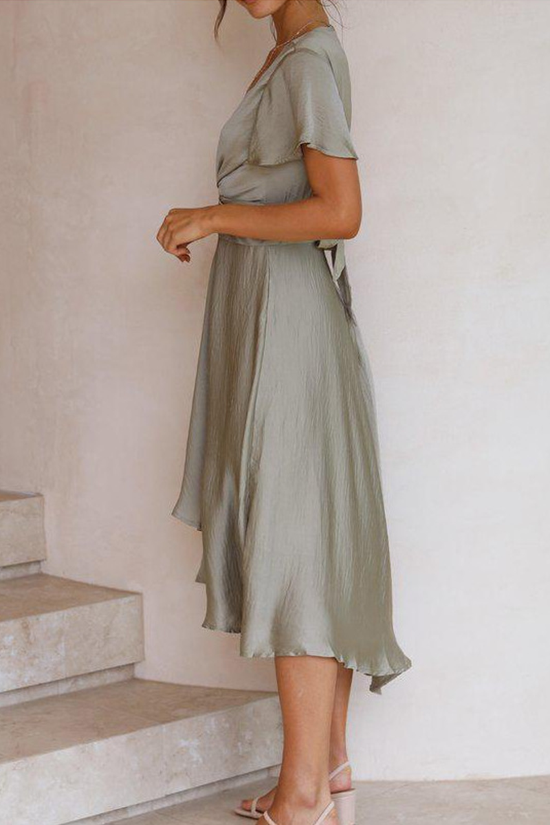 Elegant Solid Knotted With Belt V Neck Irregular Maxi Dresses