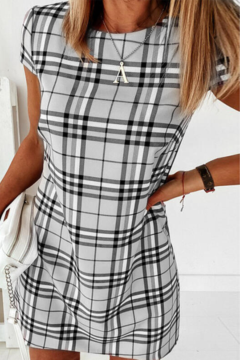 Elegant Plaid Striped Basic O Neck Dresses