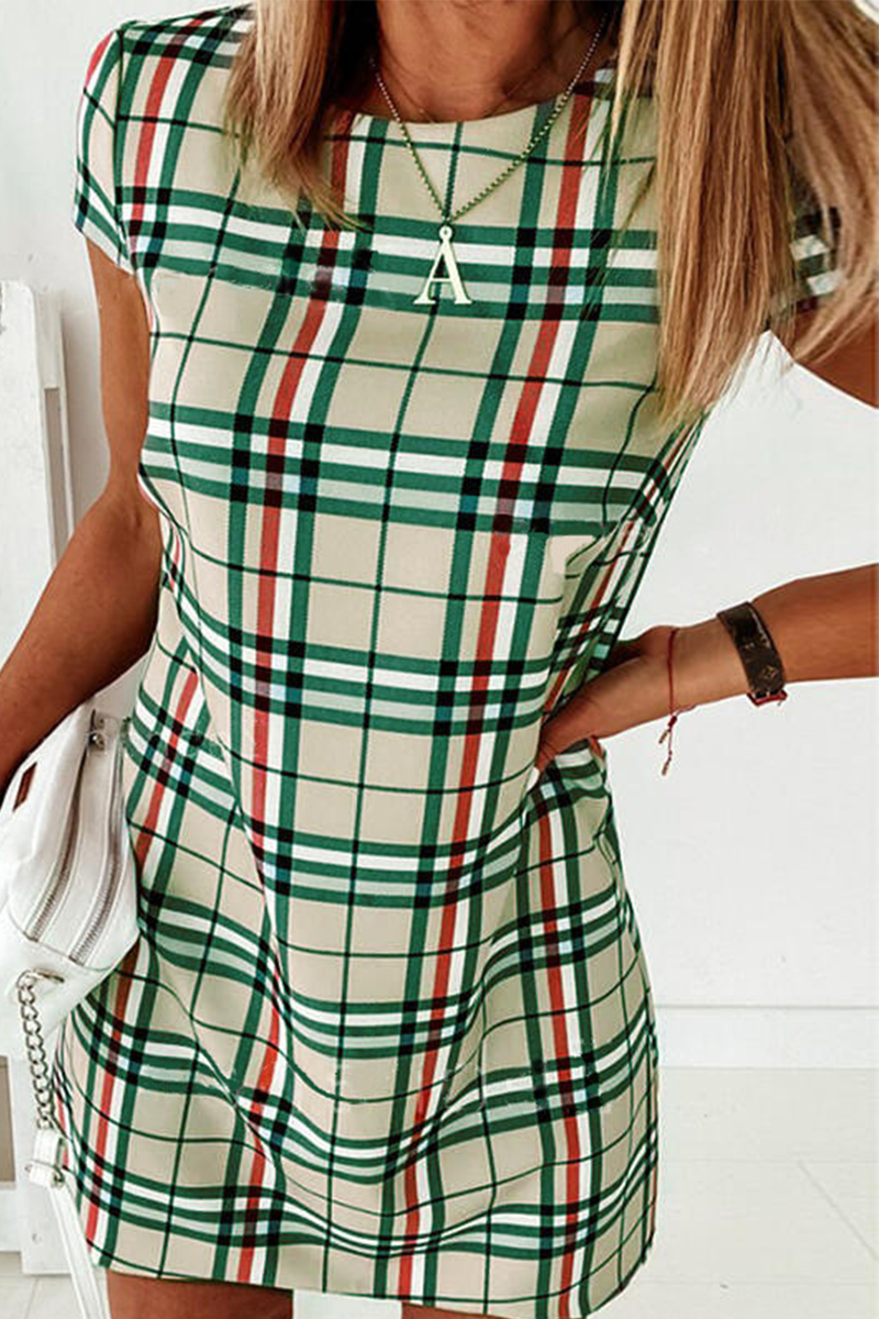 Elegant Plaid Striped Basic O Neck Dresses