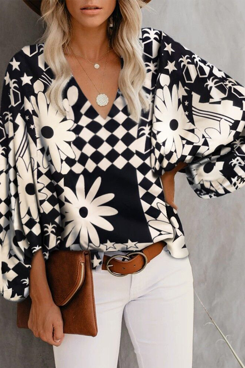 Elegant Print Floral Basic V Neck Blouses(8 Colors)