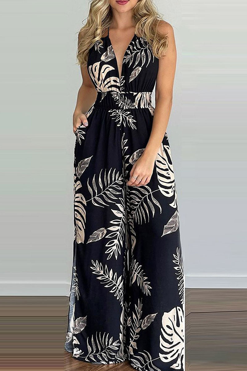 Fashion Simplicity Print Backless V Neck Loose Jumpsuits