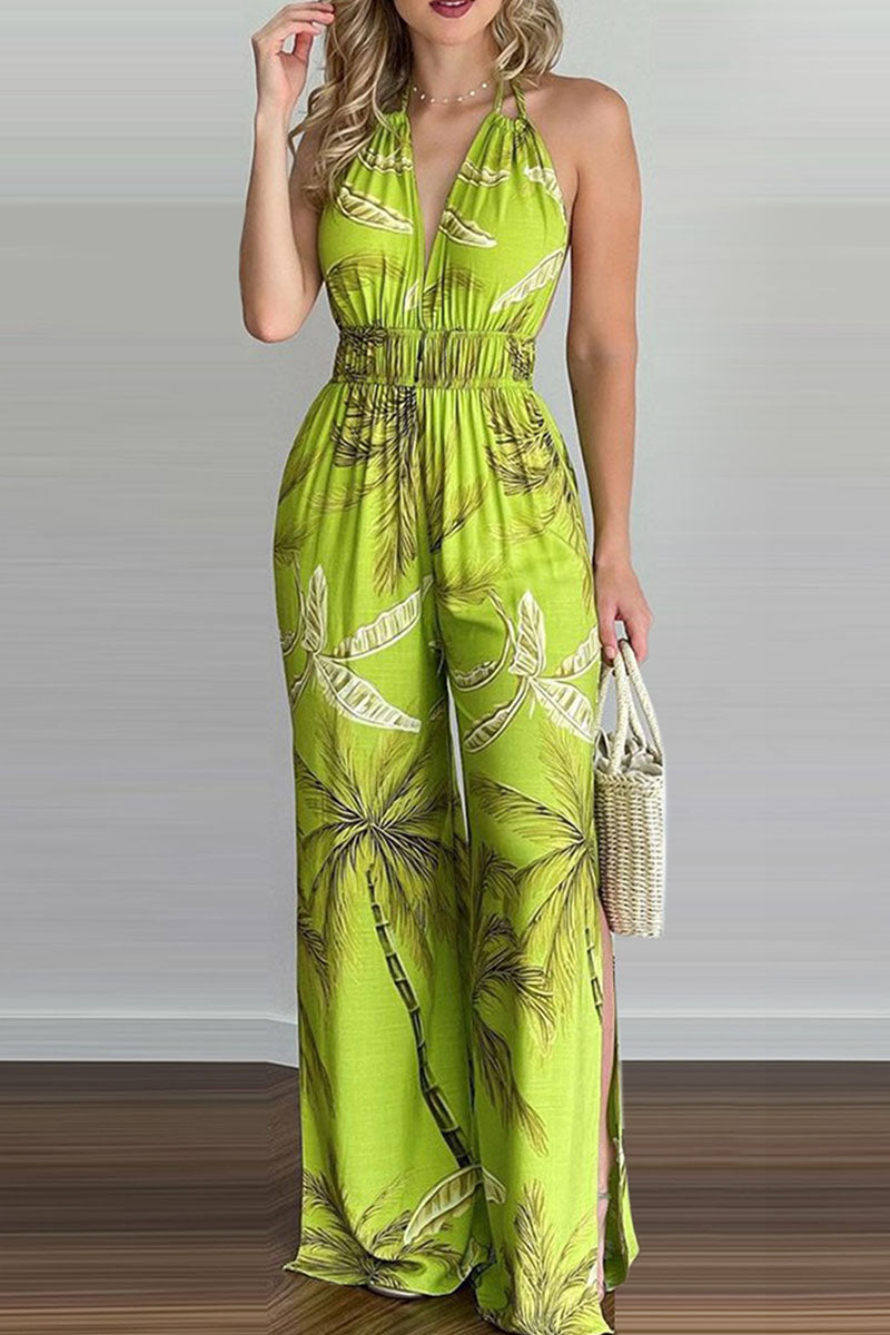 Fashion Simplicity Print Backless V Neck Loose Jumpsuits