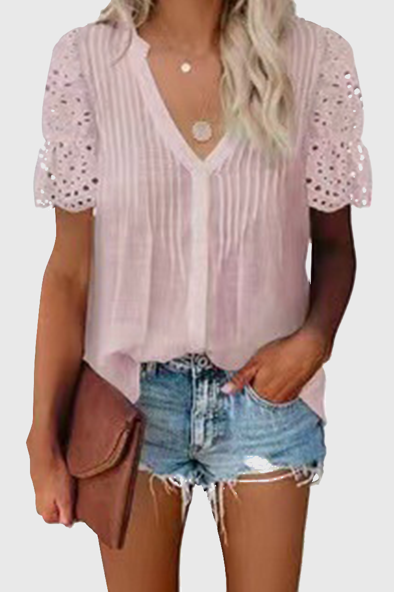 Elegant Solid Hollowed Out Patchwork V Neck Tops