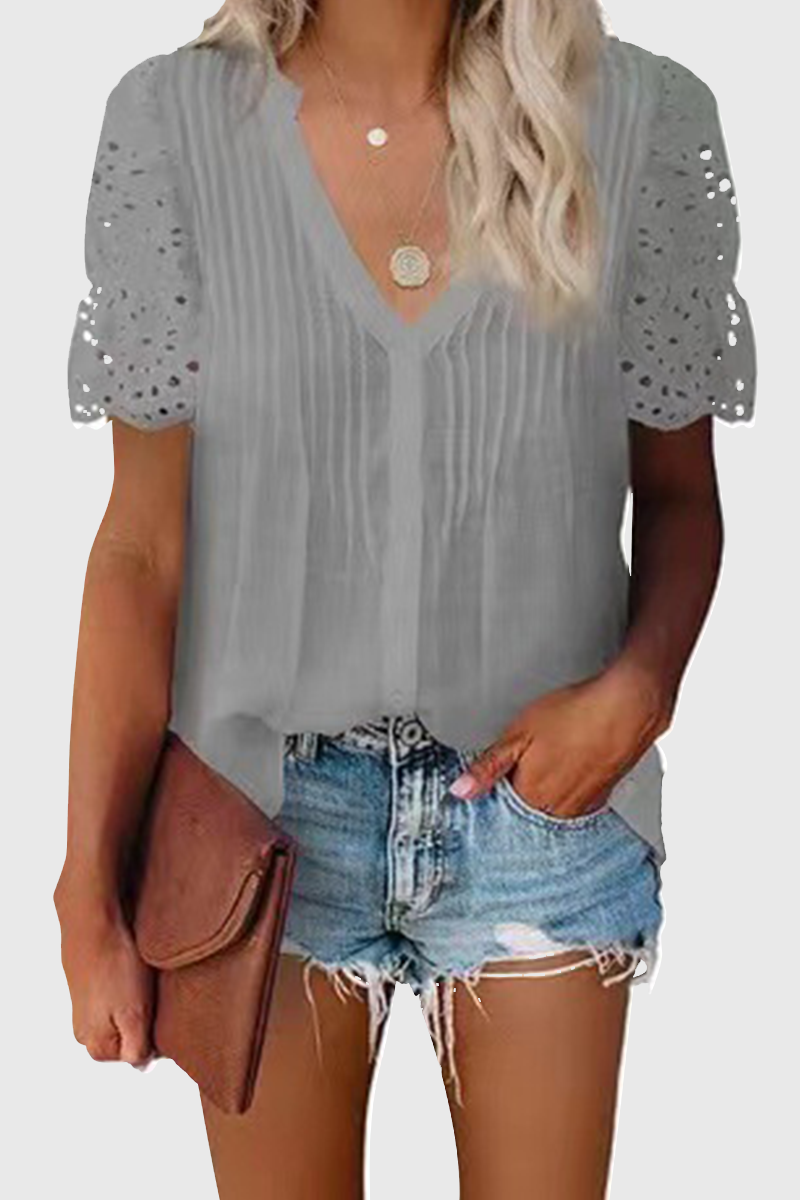 Elegant Solid Hollowed Out Patchwork V Neck Tops