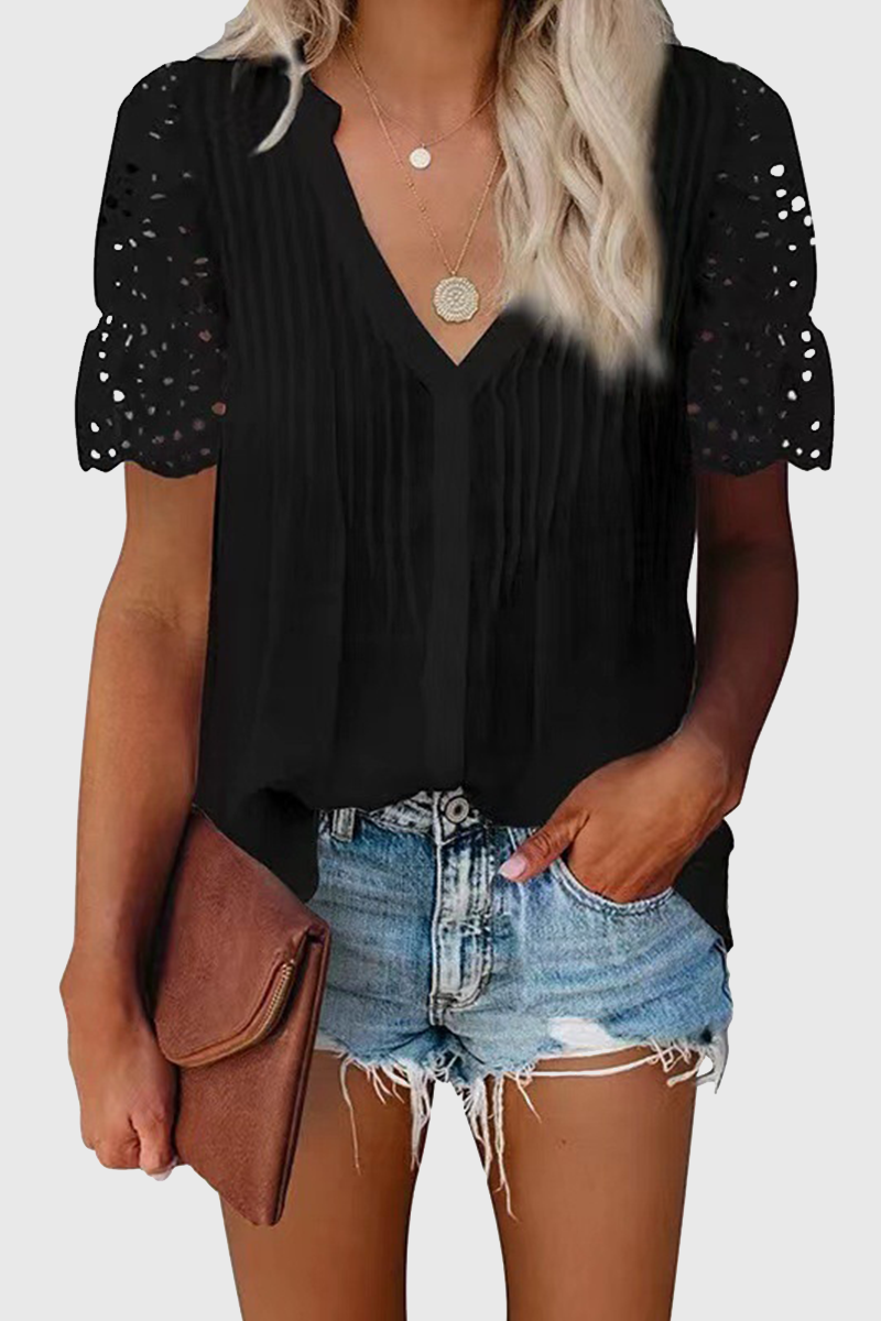 Elegant Solid Hollowed Out Patchwork V Neck Tops