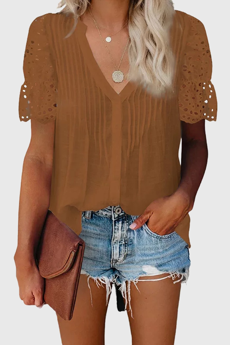 Elegant Solid Hollowed Out Patchwork V Neck Tops