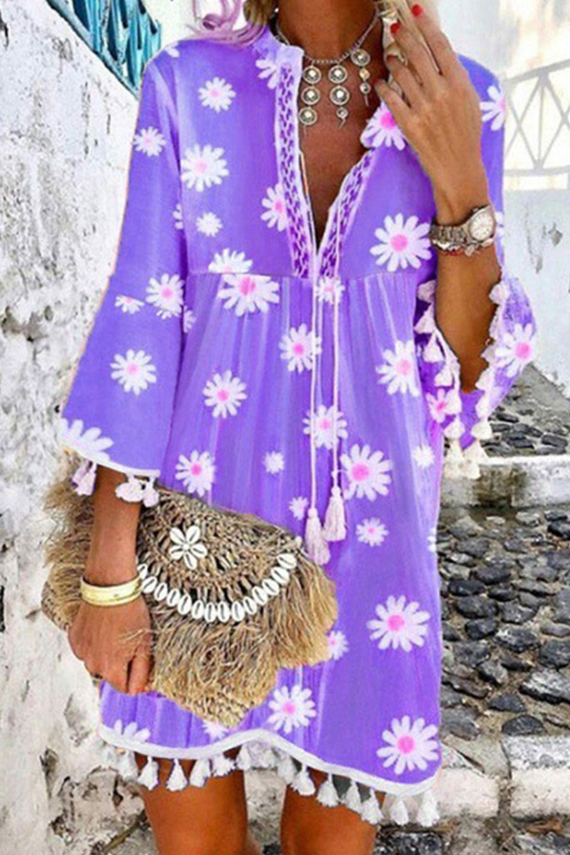 Elegant Patchwork Floral Tassel V Neck A Line Dresses