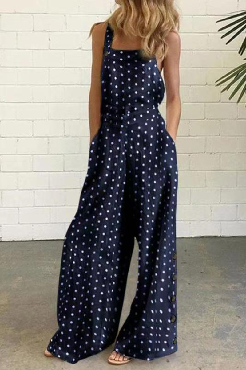 Elegant Dot Print Patchwork Square Collar Straight Jumpsuits