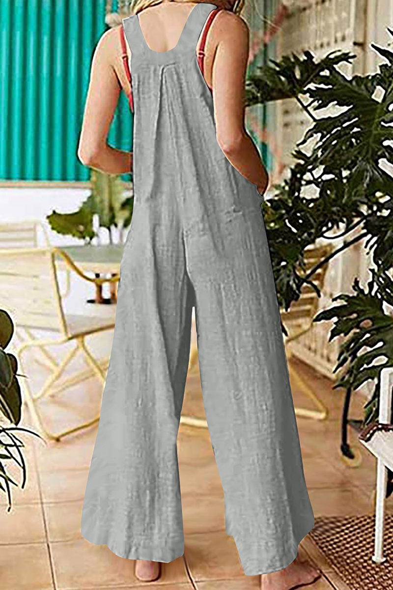 Casual Solid Pocket Buttons Square Collar Straight Jumpsuits