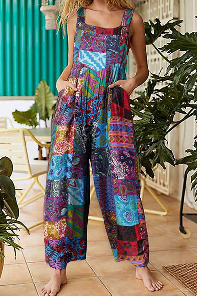 Casual Print Split Joint Pocket Boat Neck Jumpsuits