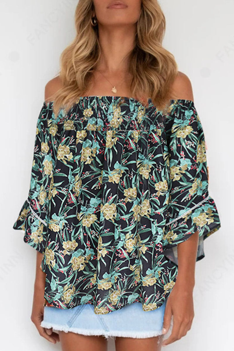 Fashion Street Print Patchwork Off the Shoulder Tops