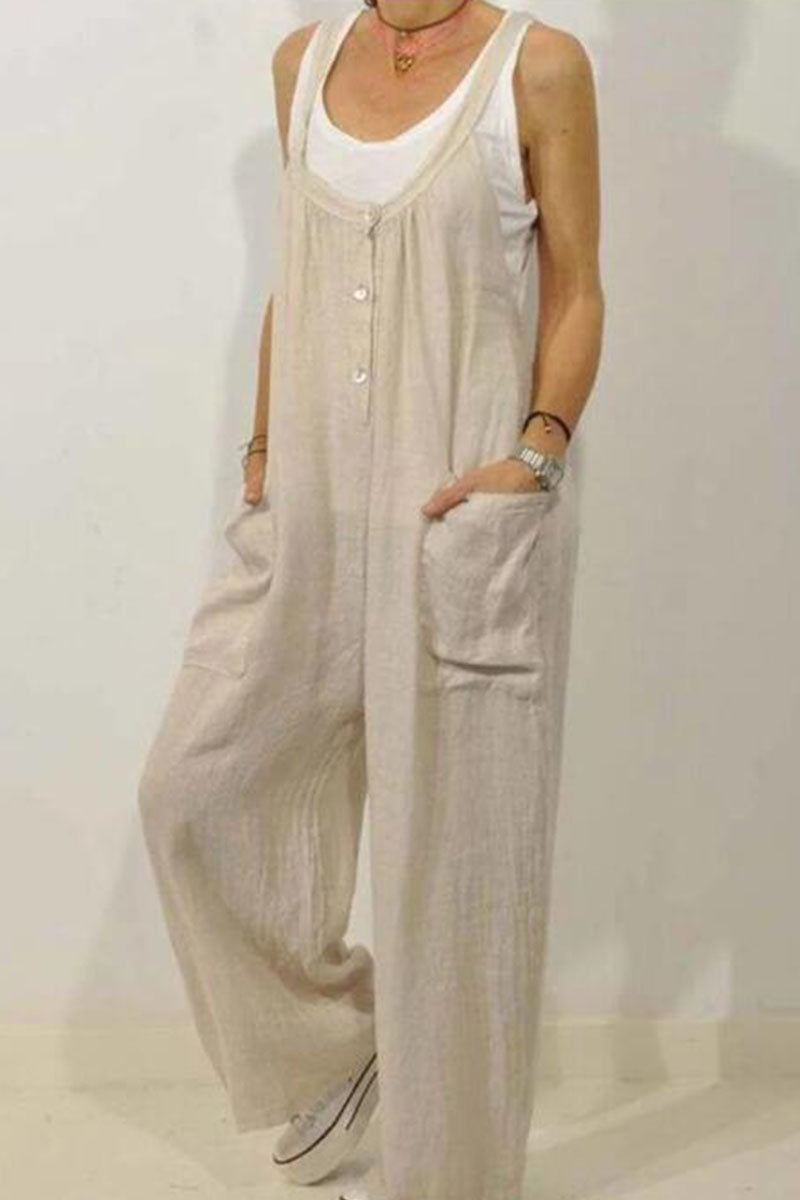 Fashion Casual Solid Pocket Spaghetti Strap Loose Jumpsuits