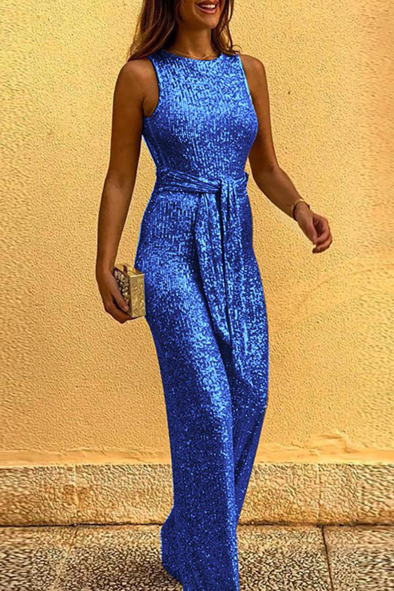 Elegant Solid Sequined With Belt O Neck Straight Jumpsuits(6 colors)