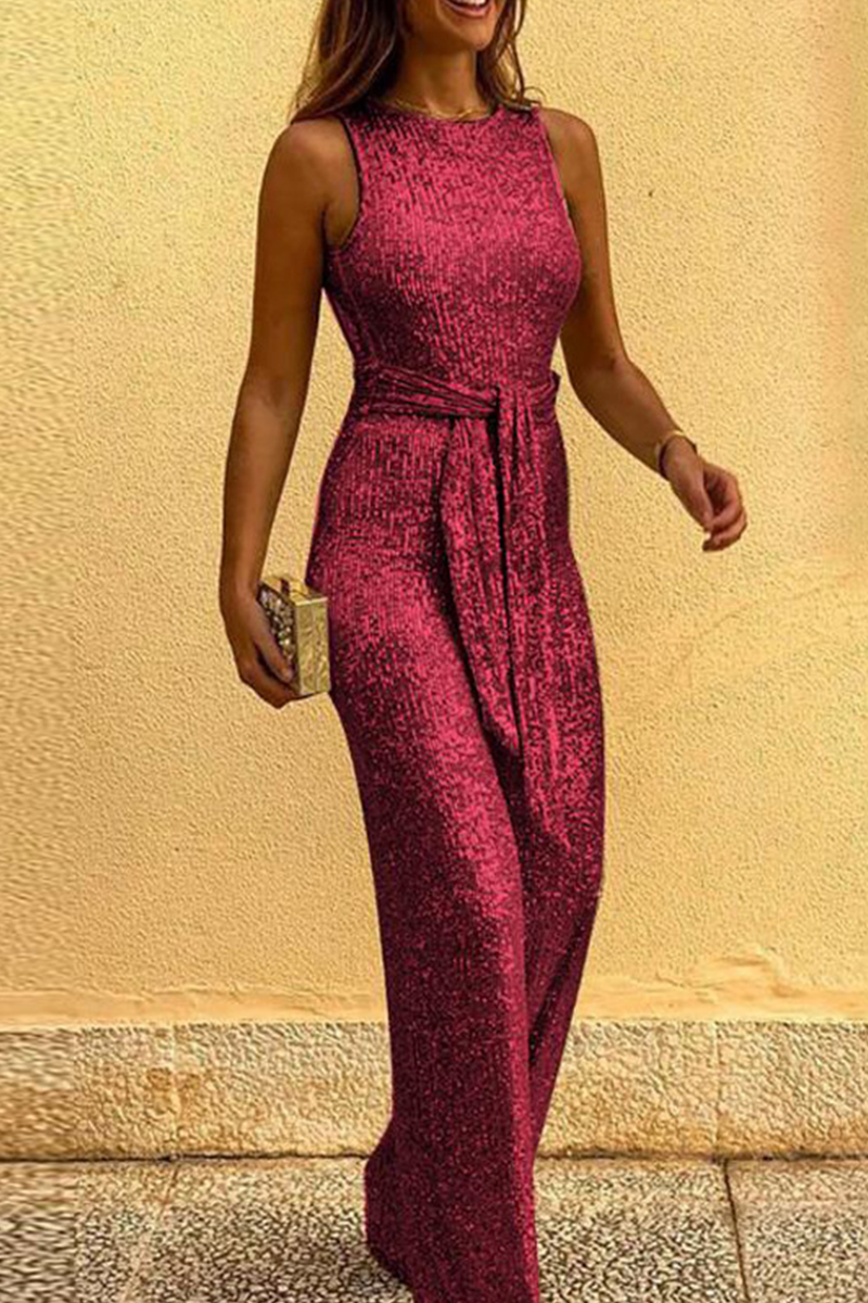 Elegant Solid Sequined With Belt O Neck Straight Jumpsuits(6 colors)