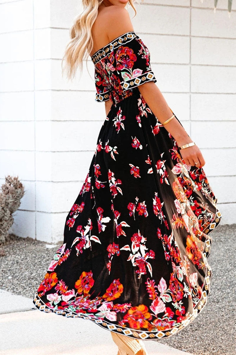 Fashion Street Print Patchwork Off the Shoulder Irregular Dresses