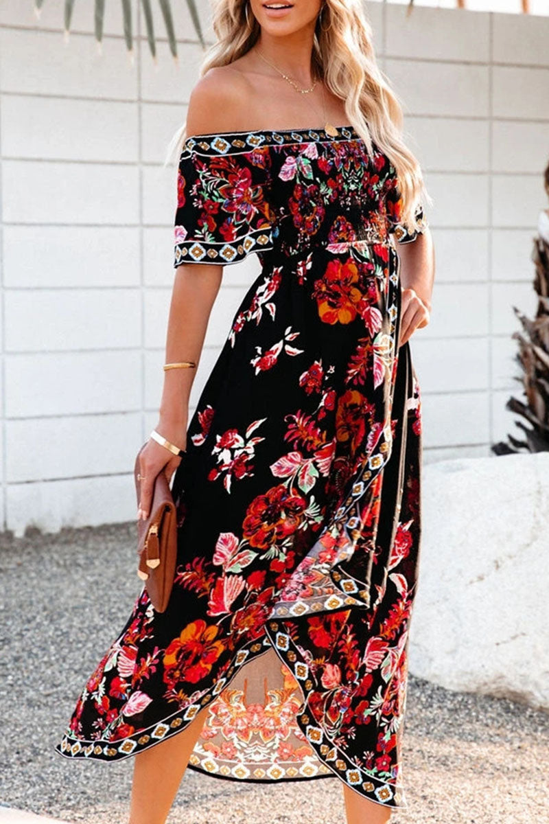 Fashion Street Print Patchwork Off the Shoulder Irregular Dresses