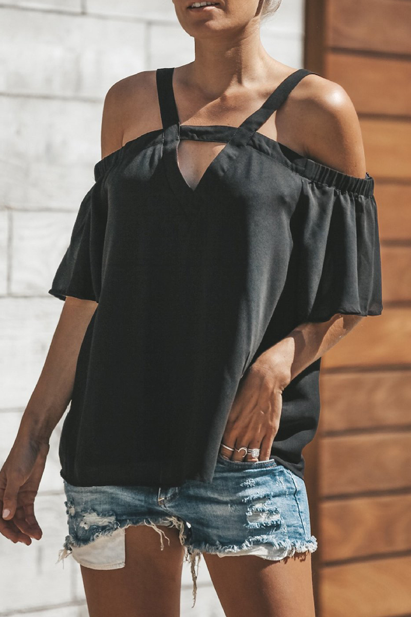 Elegant Solid Hollowed Out V Neck Tops