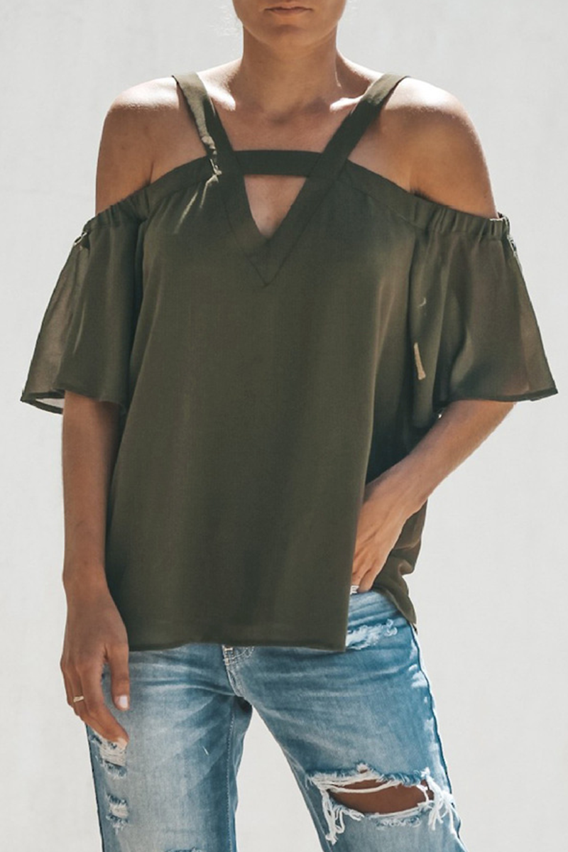 Elegant Solid Hollowed Out V Neck Tops