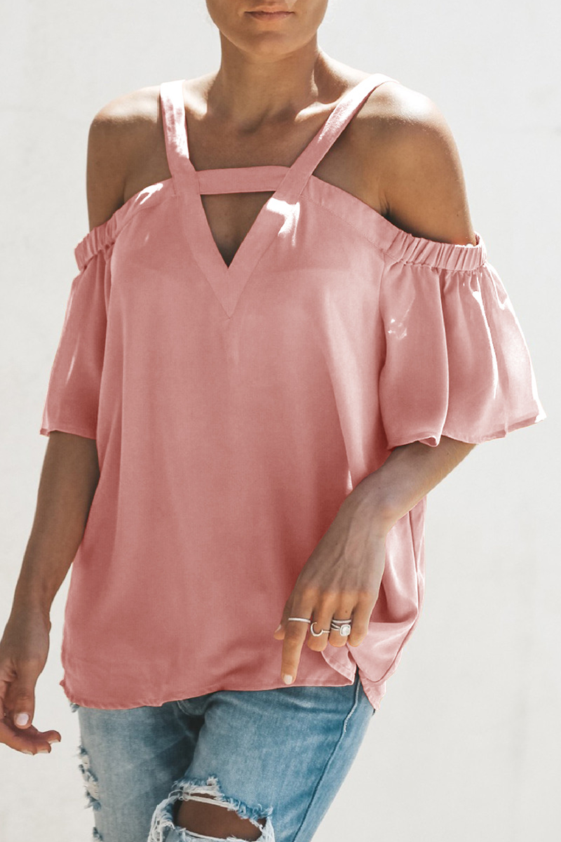 Elegant Solid Hollowed Out V Neck Tops