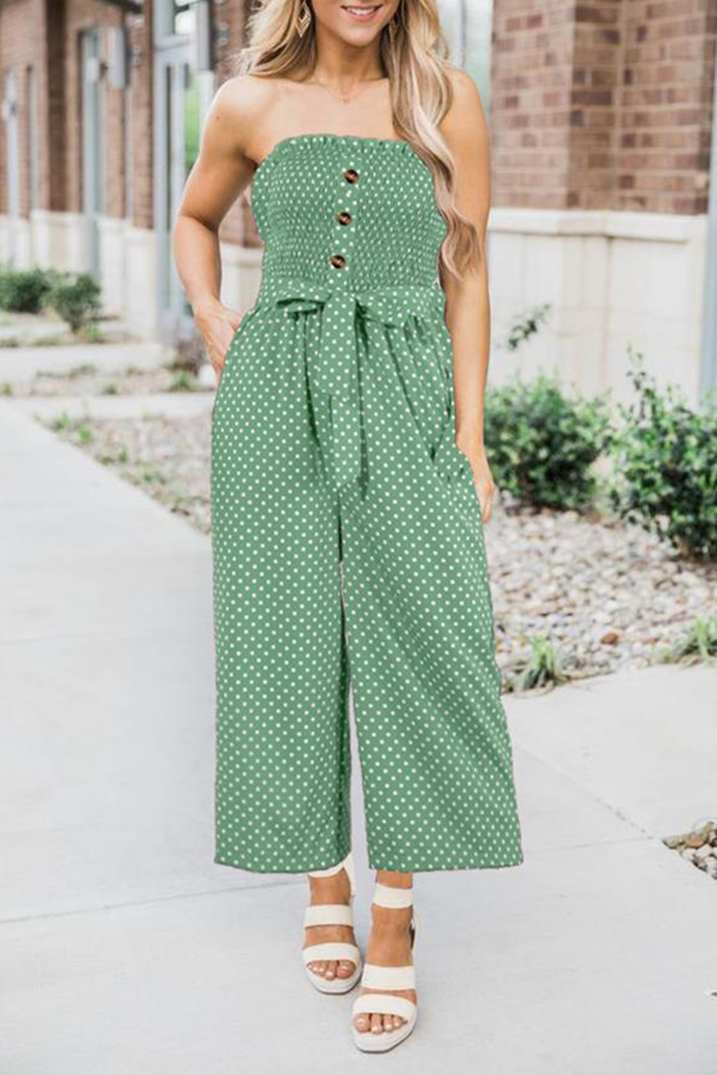 Fashion Elegant Dot Frenulum Buckle Strapless Straight Jumpsuits