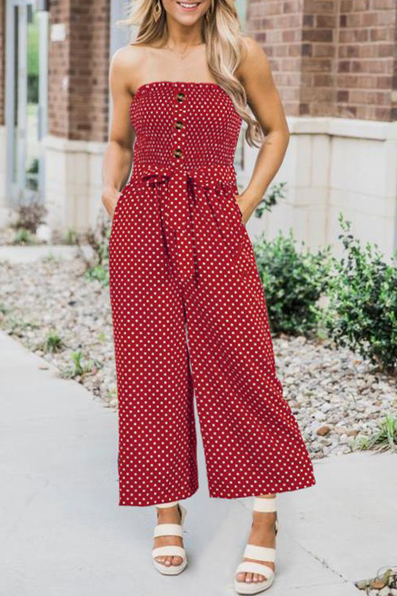 Fashion Elegant Dot Frenulum Buckle Strapless Straight Jumpsuits