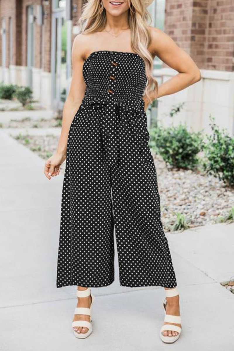 Fashion Elegant Dot Frenulum Buckle Strapless Straight Jumpsuits