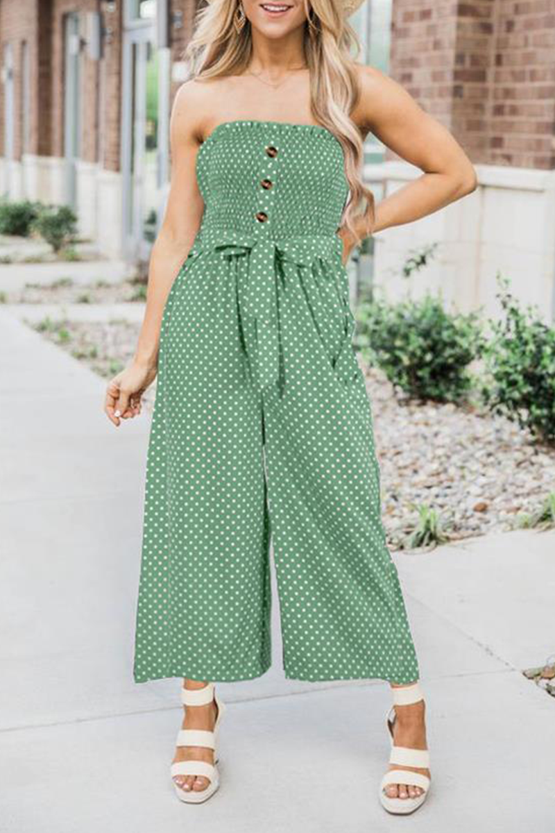 Fashion Elegant Dot Frenulum Buckle Strapless Straight Jumpsuits