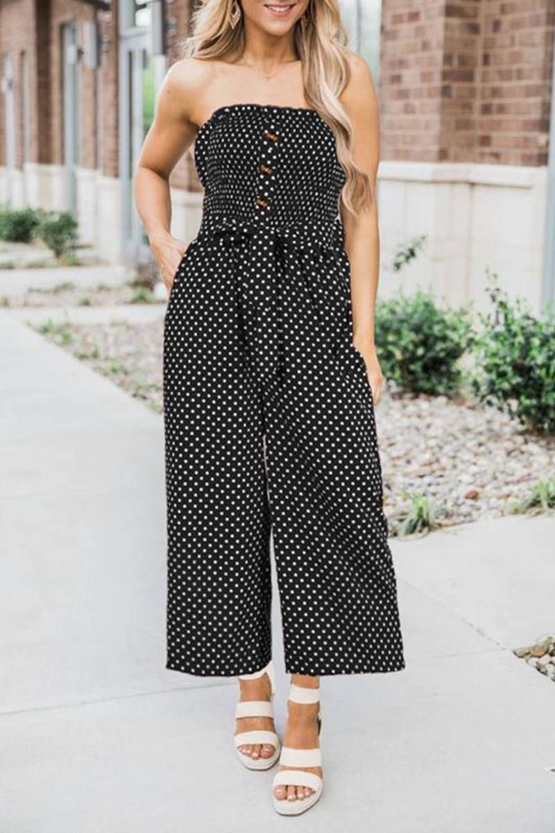 Fashion Elegant Dot Frenulum Buckle Strapless Straight Jumpsuits