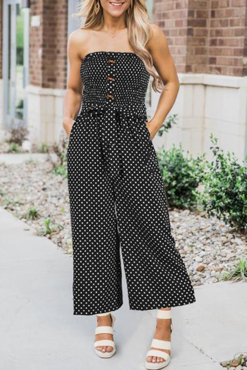 Fashion Elegant Dot Frenulum Buckle Strapless Straight Jumpsuits