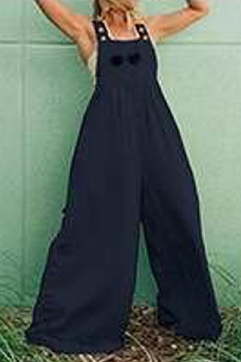 Fashion Casual Solid Patchwork Spaghetti Strap Loose Jumpsuits(4 Colors)