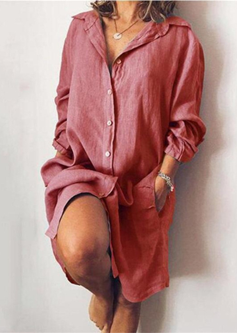 Casual Simplicity Solid Buckle Shirt Collar Dresses(5 Colors)