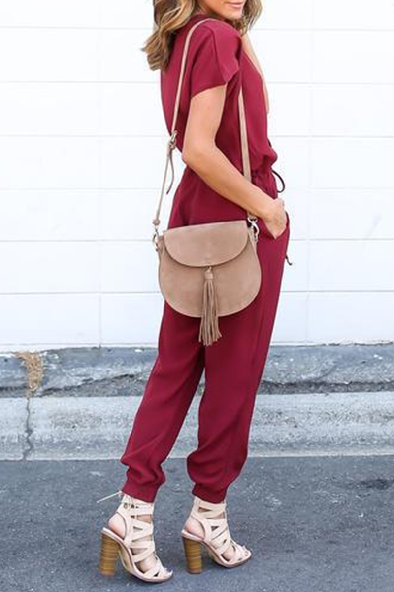 Casual Street Solid Frenulum V Neck Jumpsuits(3 colors)