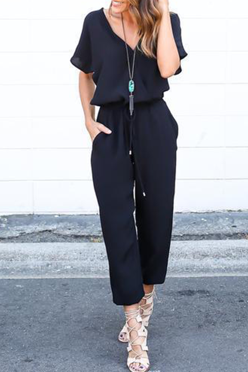 Casual Street Solid Frenulum V Neck Jumpsuits(3 colors)