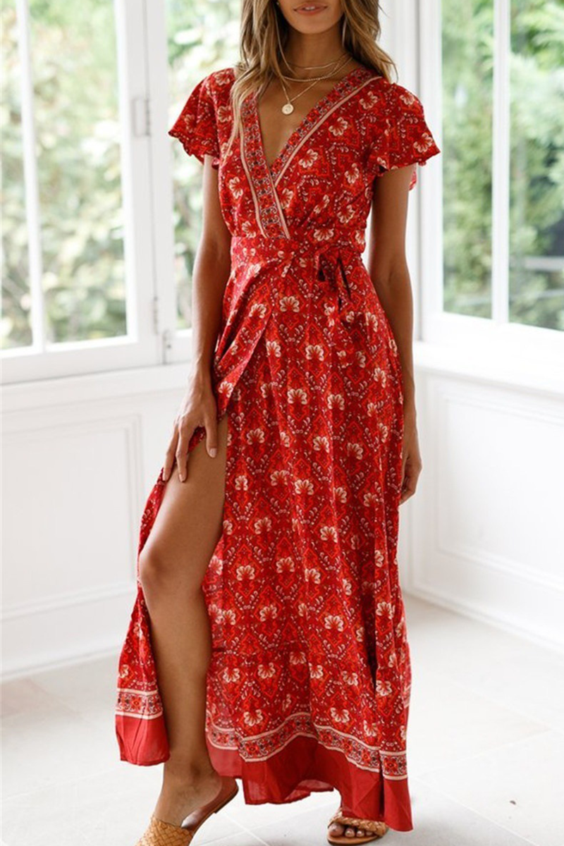 Fashion Elegant Print Floral Frenulum Slit V Neck A Line Dresses