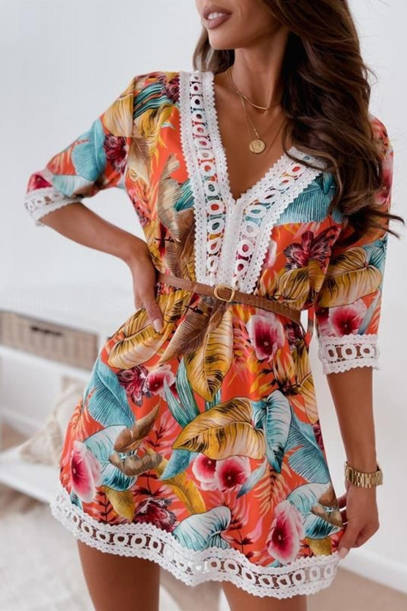 Fashion Sweet Print Patchwork V Neck A Line Dresses(3 Colors)