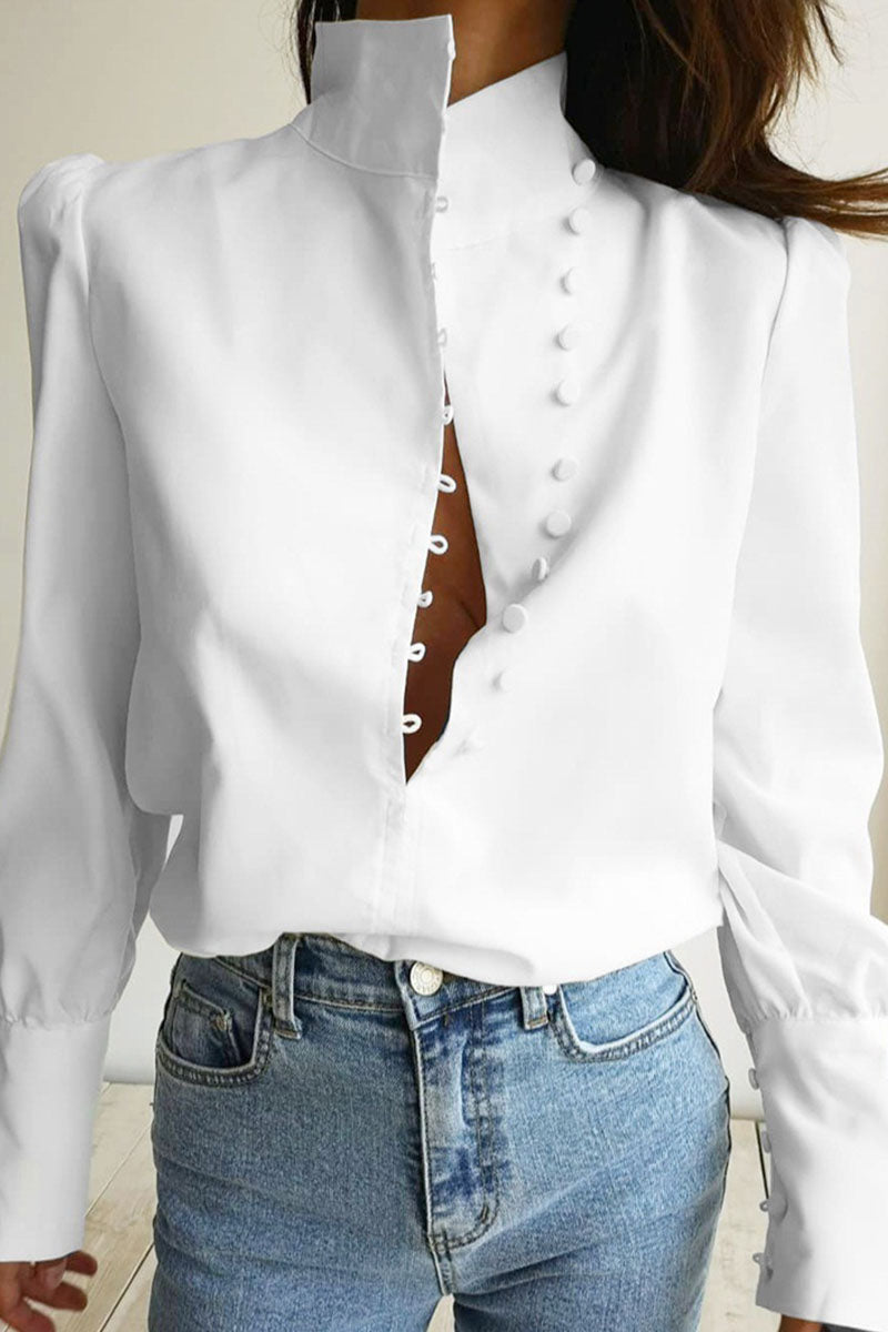 Fashion Street Solid Patchwork Mandarin Collar Blouses