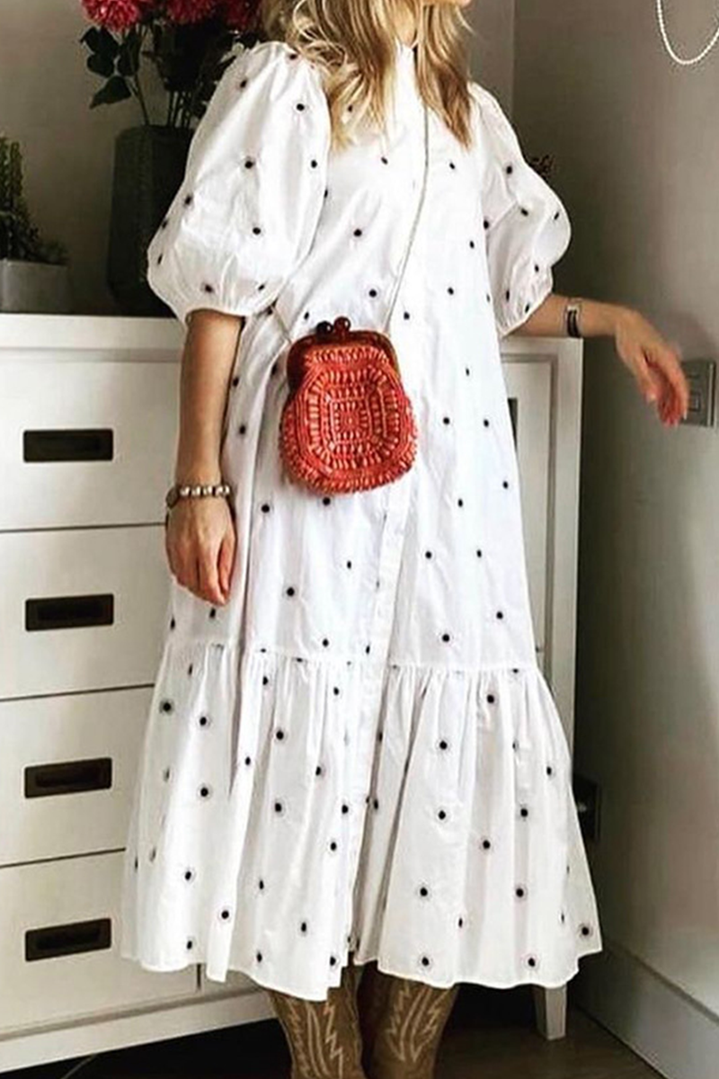 Casual Polka Dot Make Old Patchwork Buckle Flounce Mandarin Collar A Line Dresses