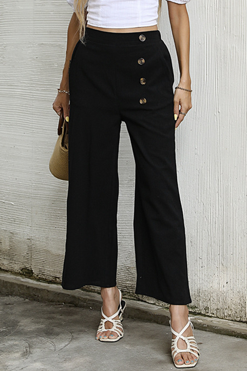 Elegant Solid Buckle Capris Loose Wide Leg Bottoms