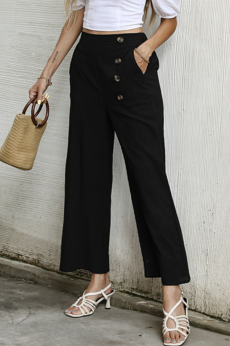 Elegant Solid Buckle Capris Loose Wide Leg Bottoms