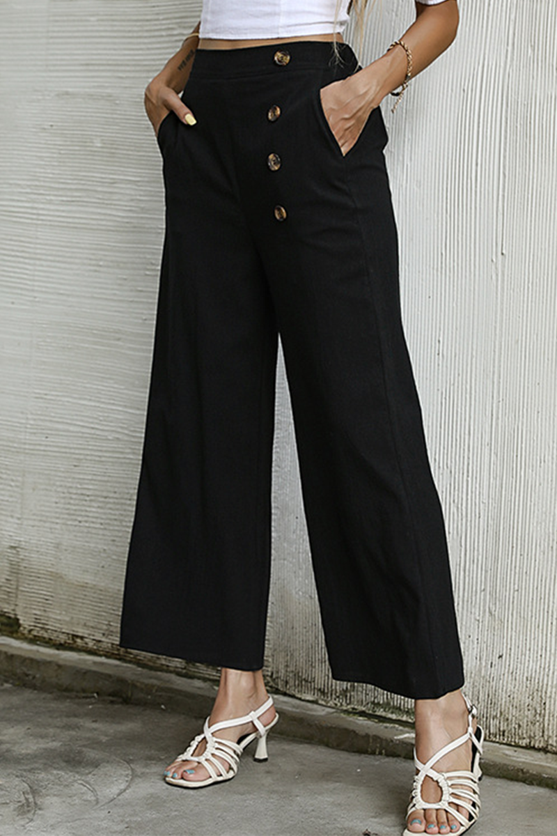 Elegant Solid Buckle Capris Loose Wide Leg Bottoms