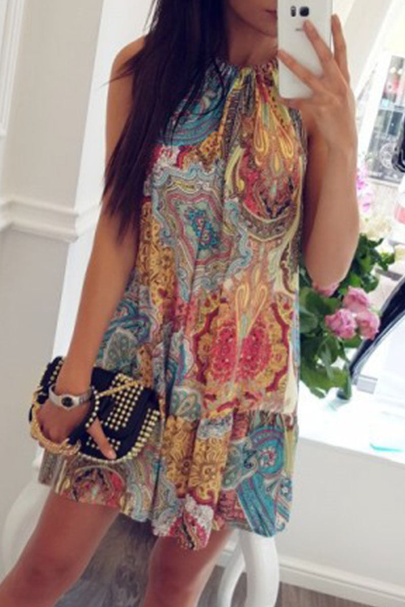 Fashion Street Print Split Joint Spaghetti Strap A Line Dresses