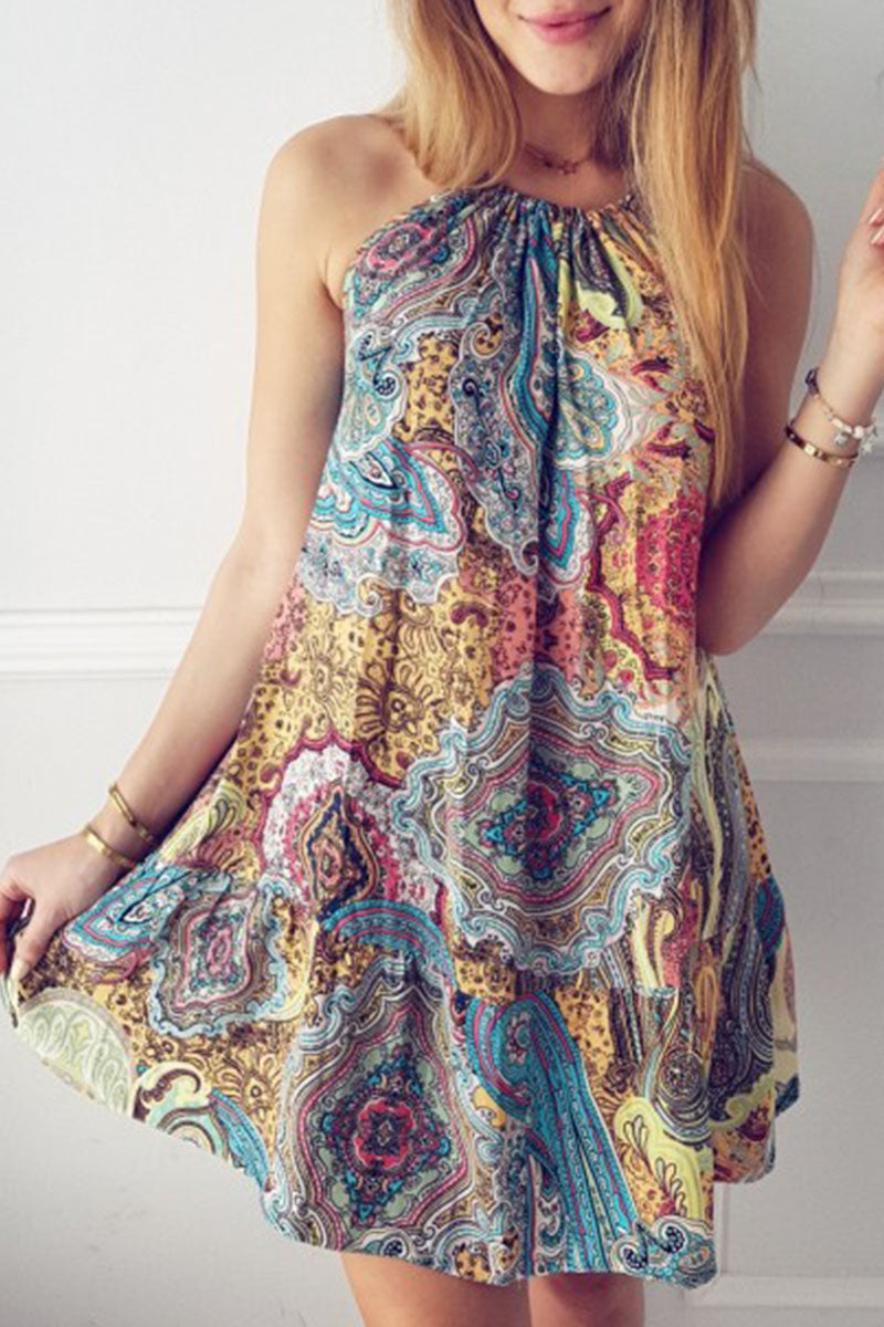 Fashion Street Print Split Joint Spaghetti Strap A Line Dresses