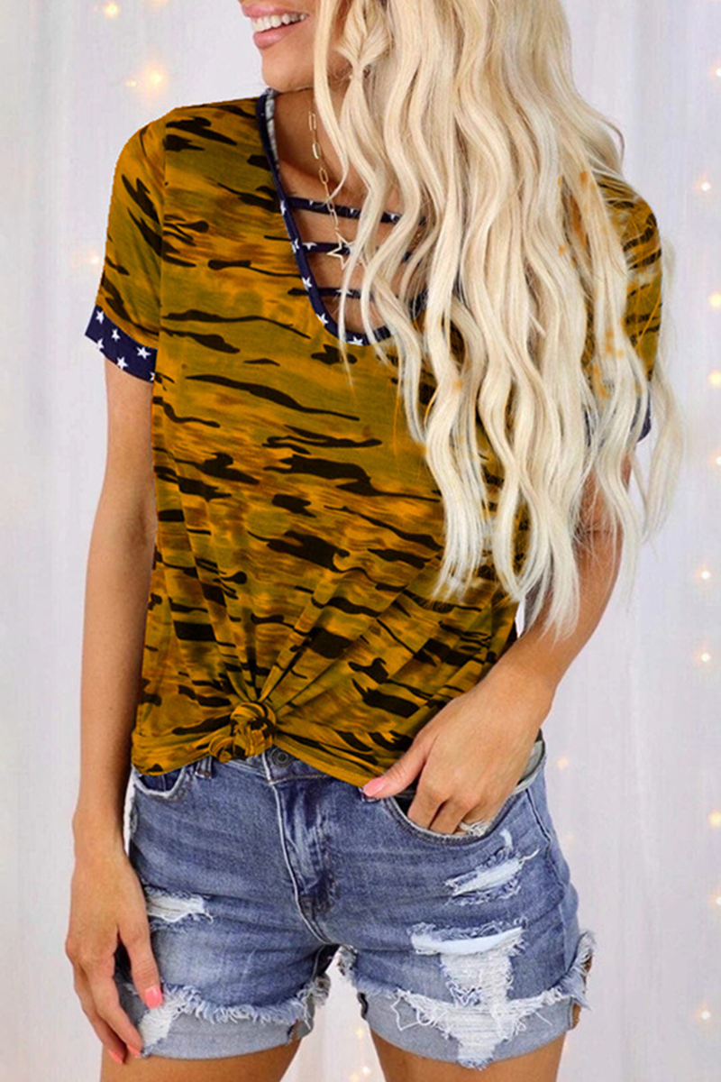 Casual Street Camouflage Print Hollowed Out Split Joint V Neck T-Shirts(5 colors)