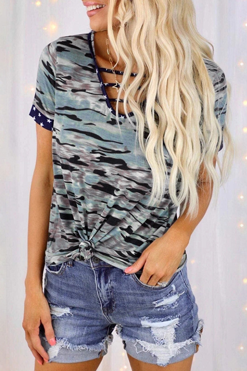 Casual Street Camouflage Print Hollowed Out Split Joint V Neck T-Shirts(5 colors)