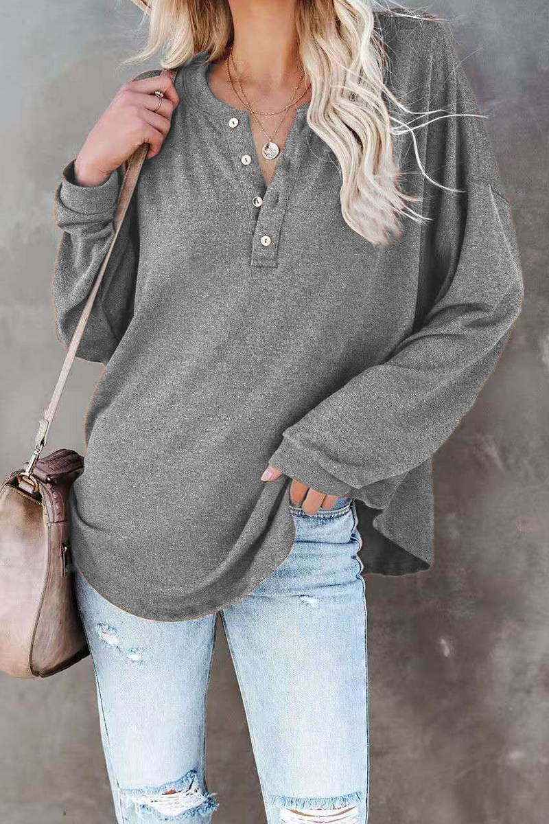 Casual Solid Buckle O Neck Tops(5 colors)