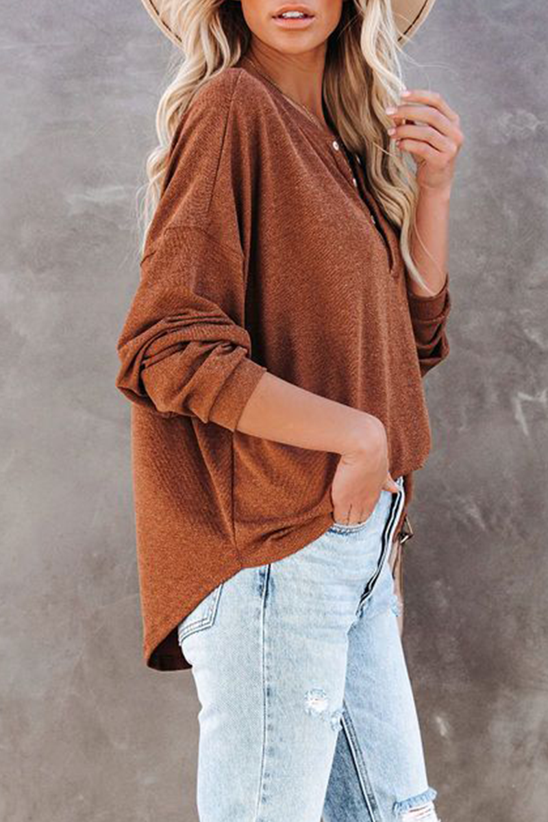 Casual Solid Buckle O Neck Tops(5 colors)