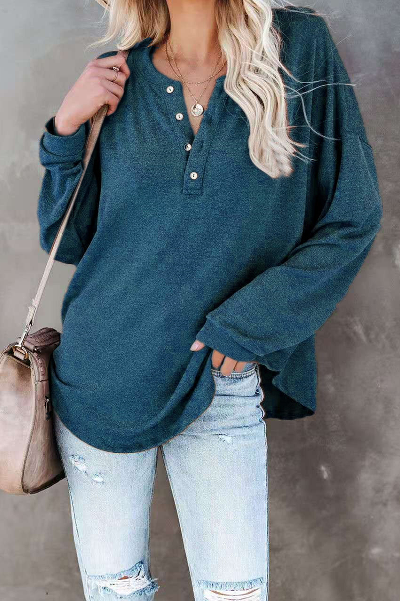 Casual Solid Buckle O Neck Tops(5 colors)